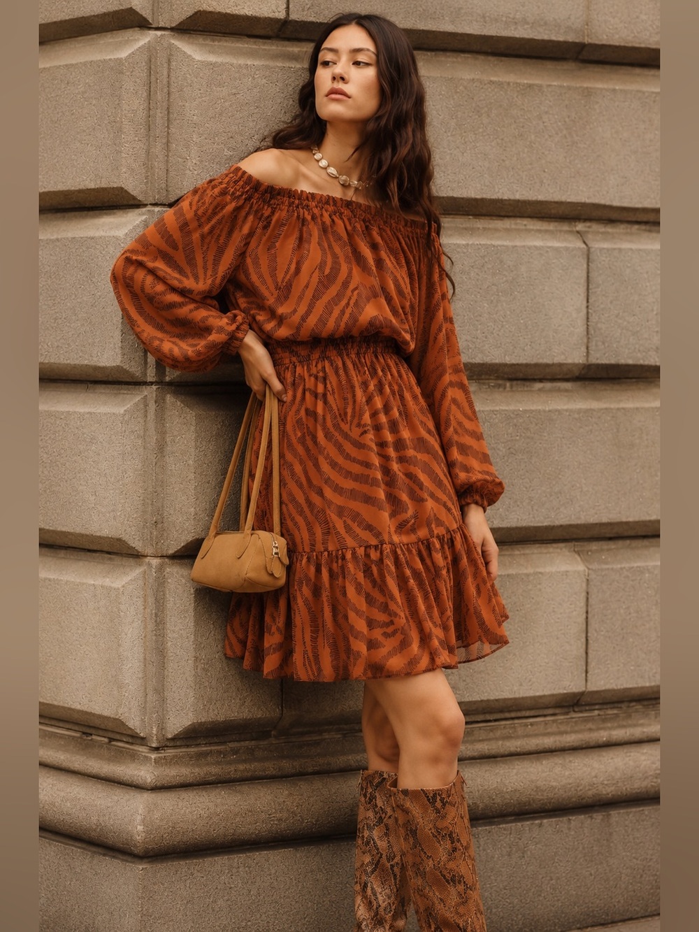 Bar III Off Shoulder Terracotta Zebra Print Mini Dress M